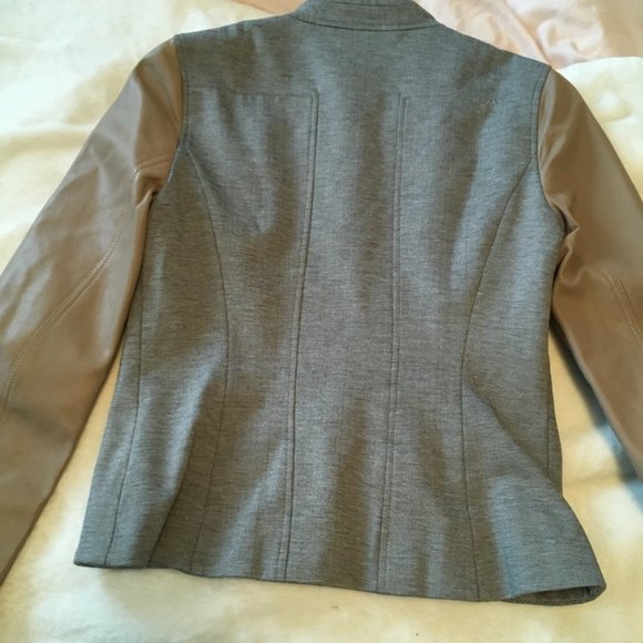 Ted Baker Beyty Grey blazer jacket zip up with tan brown leather sleeves size 1 - Picture 11 of 16